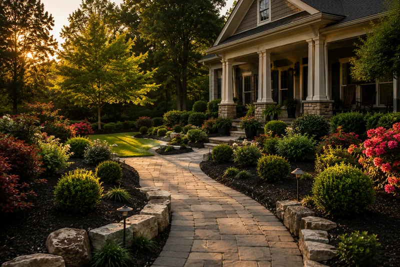 Landscaped front yard with a paver walkway, flower beds and low-voltage lighting installed by H&M Services