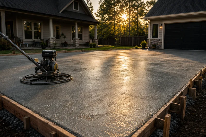 Freshly poured concrete driveway being finished with a power trowel by H&M Services