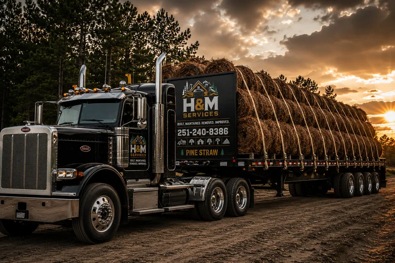 H&M Services branded Peterbilt hauling a flatbed stacked with round pine straw bales at sunset